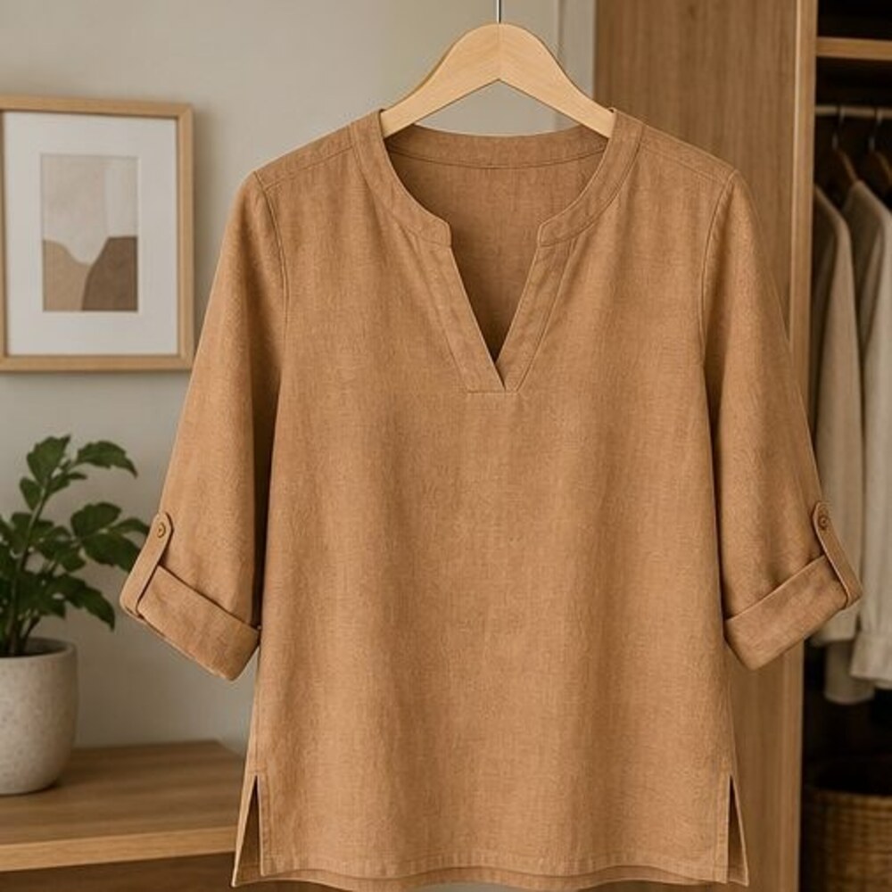 Camel Linen Notch Neck Blouse